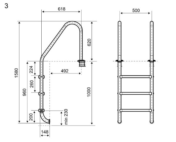 Peldbaseina trepes Flexinox MARIA 3 pakāpieni